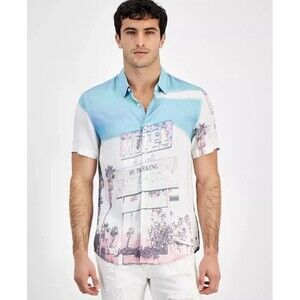 GUESS Men's LA Scene Button-Front Short Sleeve Casual Shirt Viscose White XL